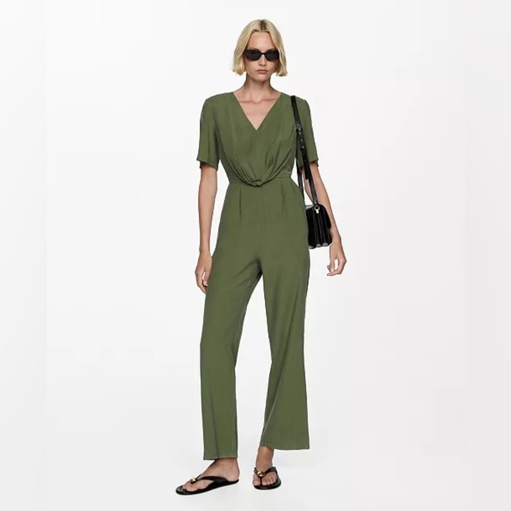 Mango Green Jumpsuit with‎ Wrap V-Neck and Wide-Leg Pants